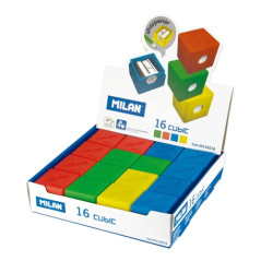 Milan caja expositora 16 Sacapuntuas con deposito Cubic. Varios colores.